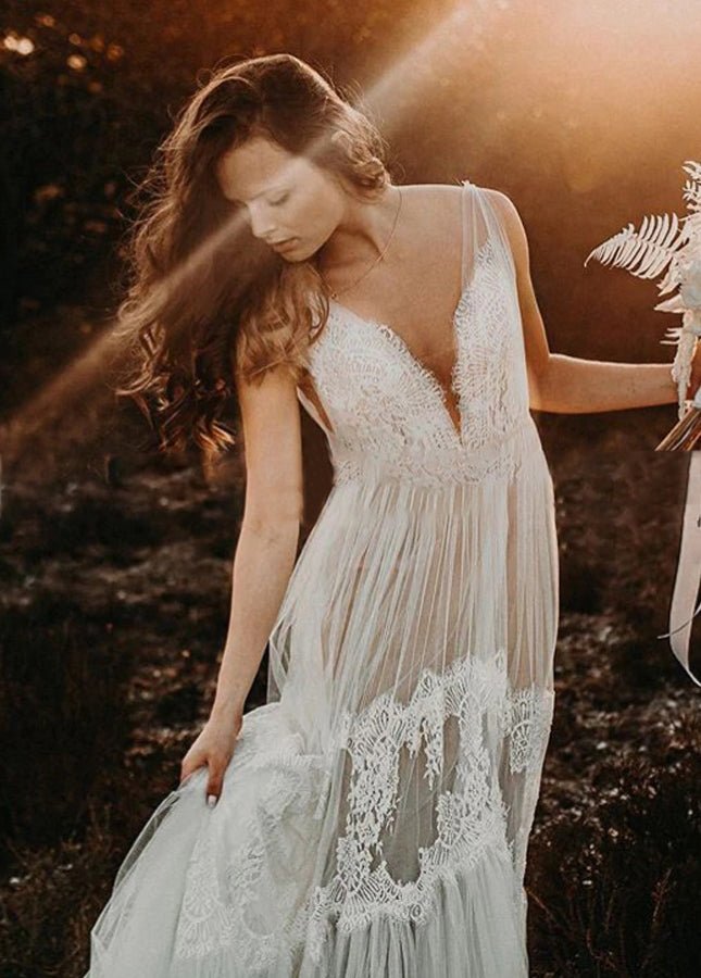 Bohemian Wedding Dresses V-Neck Backless Romantic Dreamy Bridal Gowns - Curvevia
