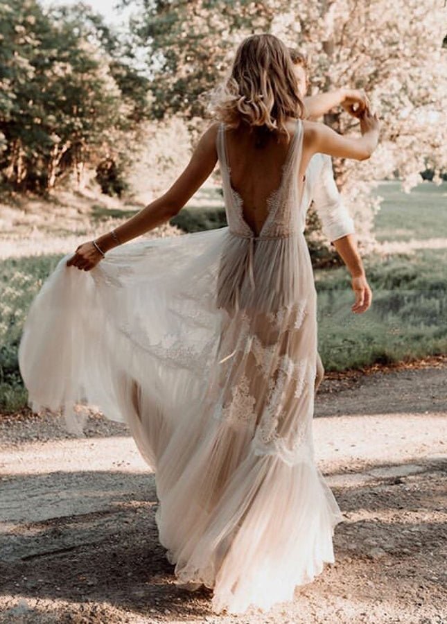 Bohemian Wedding Dresses V-Neck Backless Romantic Dreamy Bridal Gowns - Curvevia