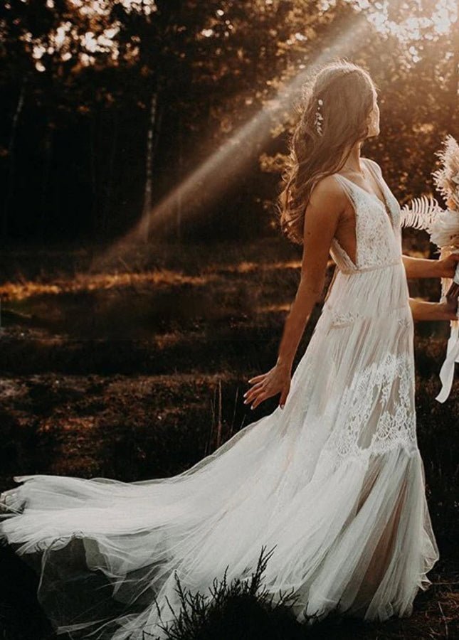 Bohemian Wedding Dresses V-Neck Backless Romantic Dreamy Bridal Gowns - Curvevia