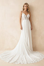 Boho A-Line V Neck Chiffon Wedding Dresses with Appliques - Curvevia