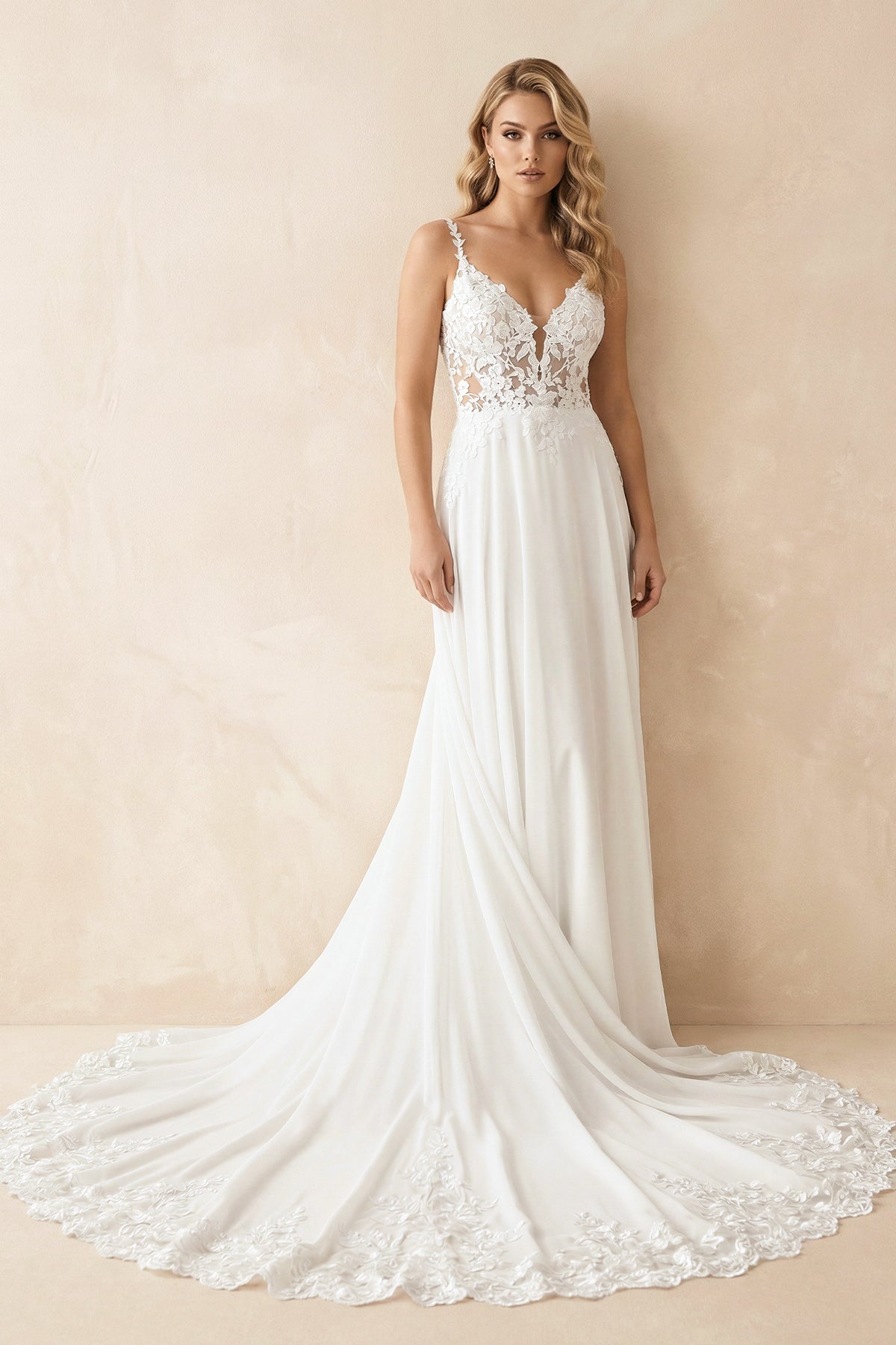 Boho A-Line V Neck Chiffon Wedding Dresses with Appliques - Curvevia