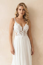 Boho A-Line V Neck Chiffon Wedding Dresses with Appliques - Curvevia