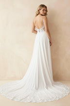 Boho A-Line V Neck Chiffon Wedding Dresses with Appliques - Curvevia