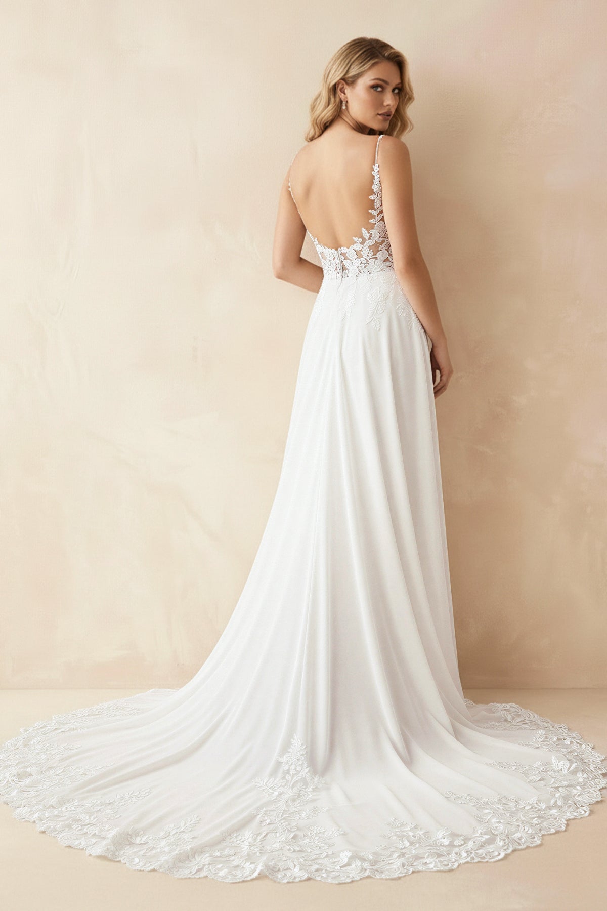 Boho A-Line V Neck Chiffon Wedding Dresses with Appliques - Curvevia