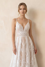 Boho A-Line V Neck Lace V Neck Wedding Dresses - Curvevia
