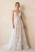 Boho A-Line V Neck Lace V Neck Wedding Dresses - Curvevia