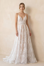 Boho A-Line V Neck Lace V Neck Wedding Dresses - Curvevia