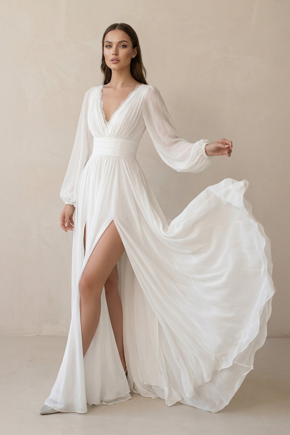 Boho A-Line White V Neck Long Sleeve Wedding Dress - Curvevia