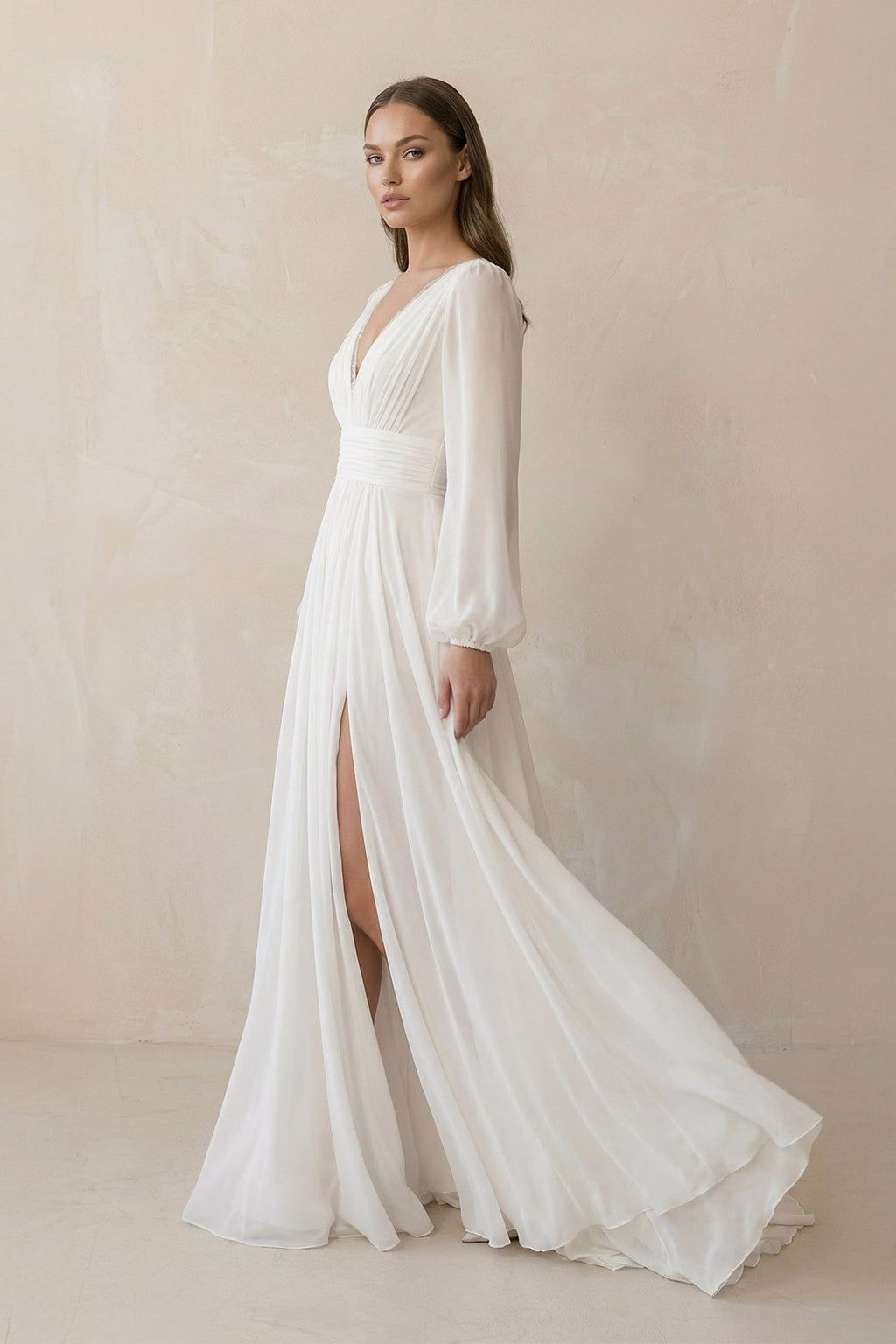 Boho A-Line White V Neck Long Sleeve Wedding Dress - Curvevia