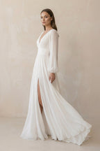 Boho A-Line White V Neck Long Sleeve Wedding Dress - Curvevia