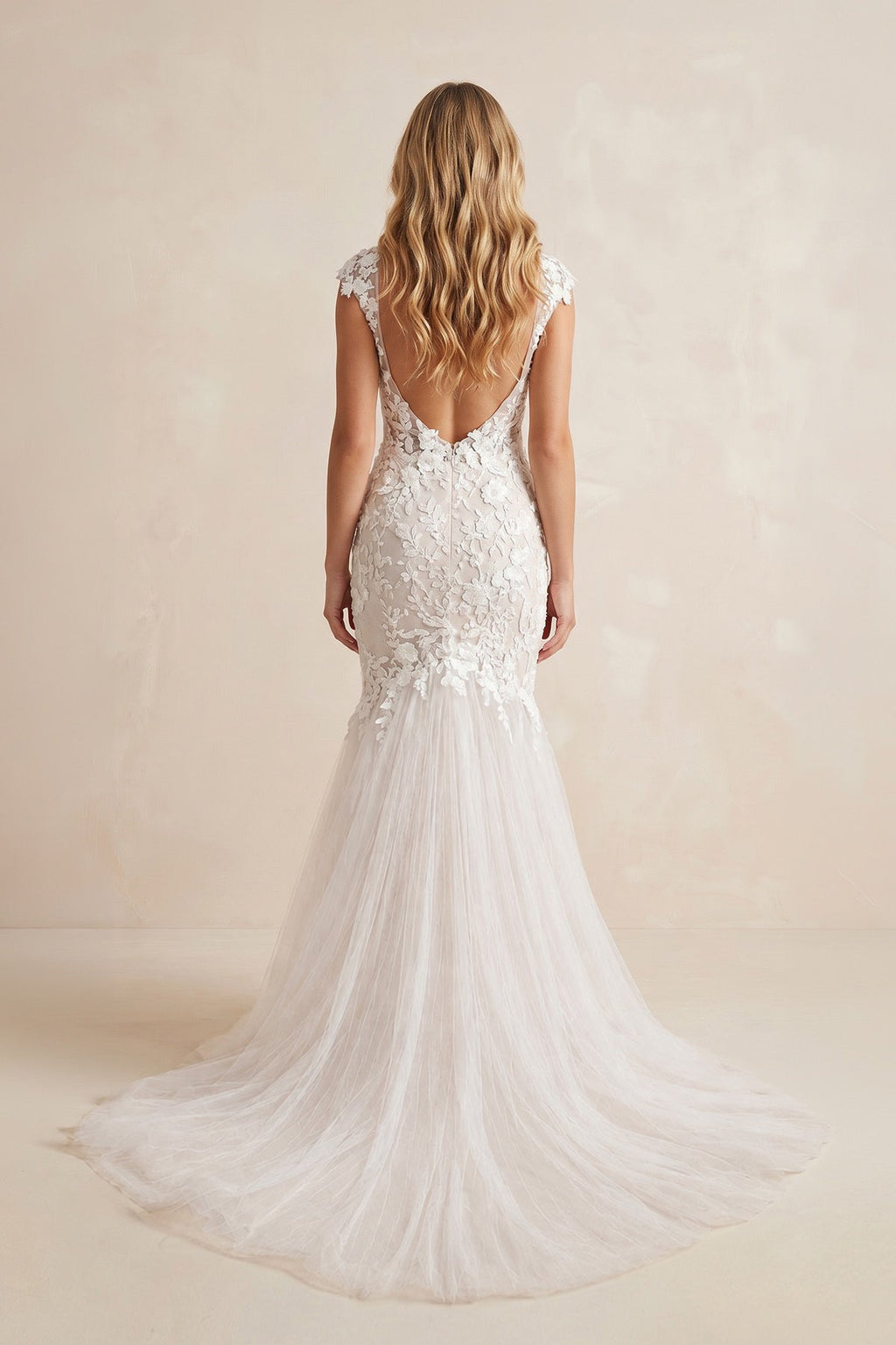 Boho Mermaid Wedding Dress Floral V-neck Casual Gown with Open Back and Lace Appliques - Curvevia