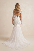Boho Mermaid Wedding Dress Floral V-neck Casual Gown with Open Back and Lace Appliques - Curvevia