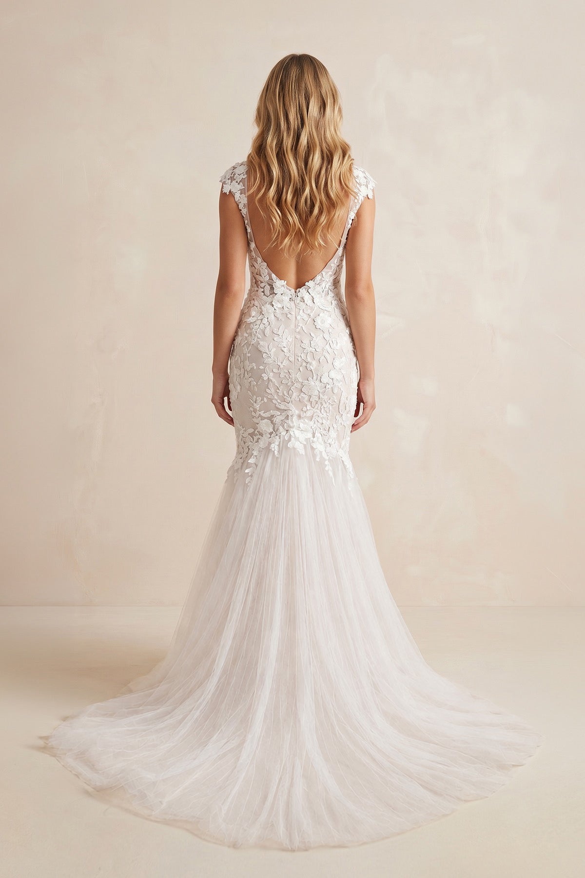 Boho Mermaid Wedding Dress Floral V-neck Casual Gown with Open Back and Lace Appliques - Curvevia