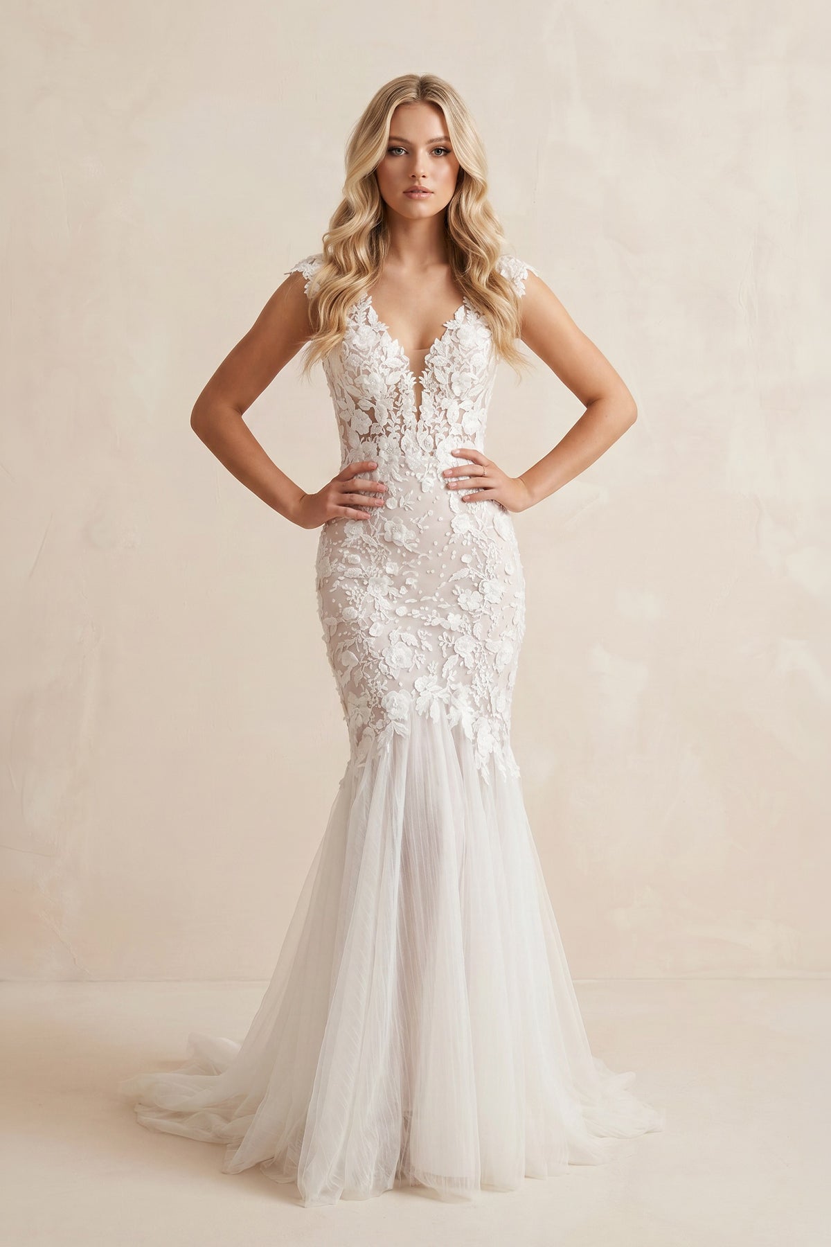Boho Mermaid Wedding Dress Floral V-neck Casual Gown with Open Back and Lace Appliques - Curvevia