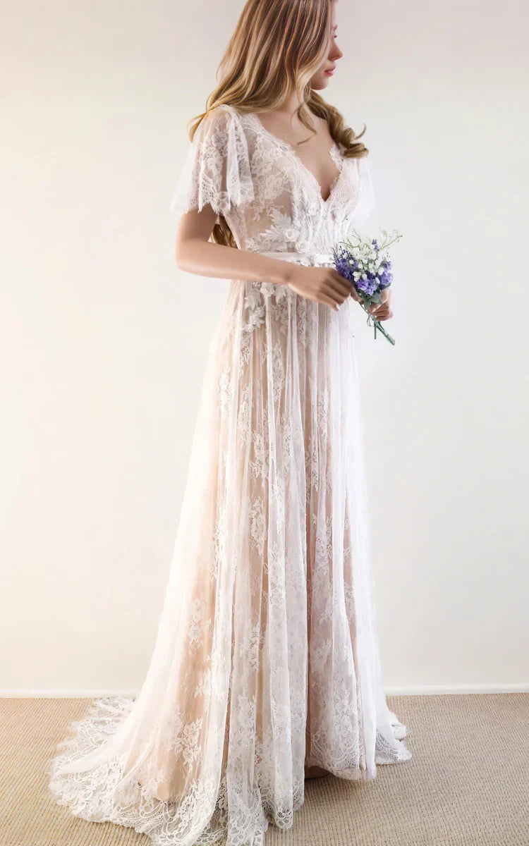 Boho V-neck Beach A-line Country Elegant Lace Petals Illusion Bell Wedding Dress with Train - Curvevia