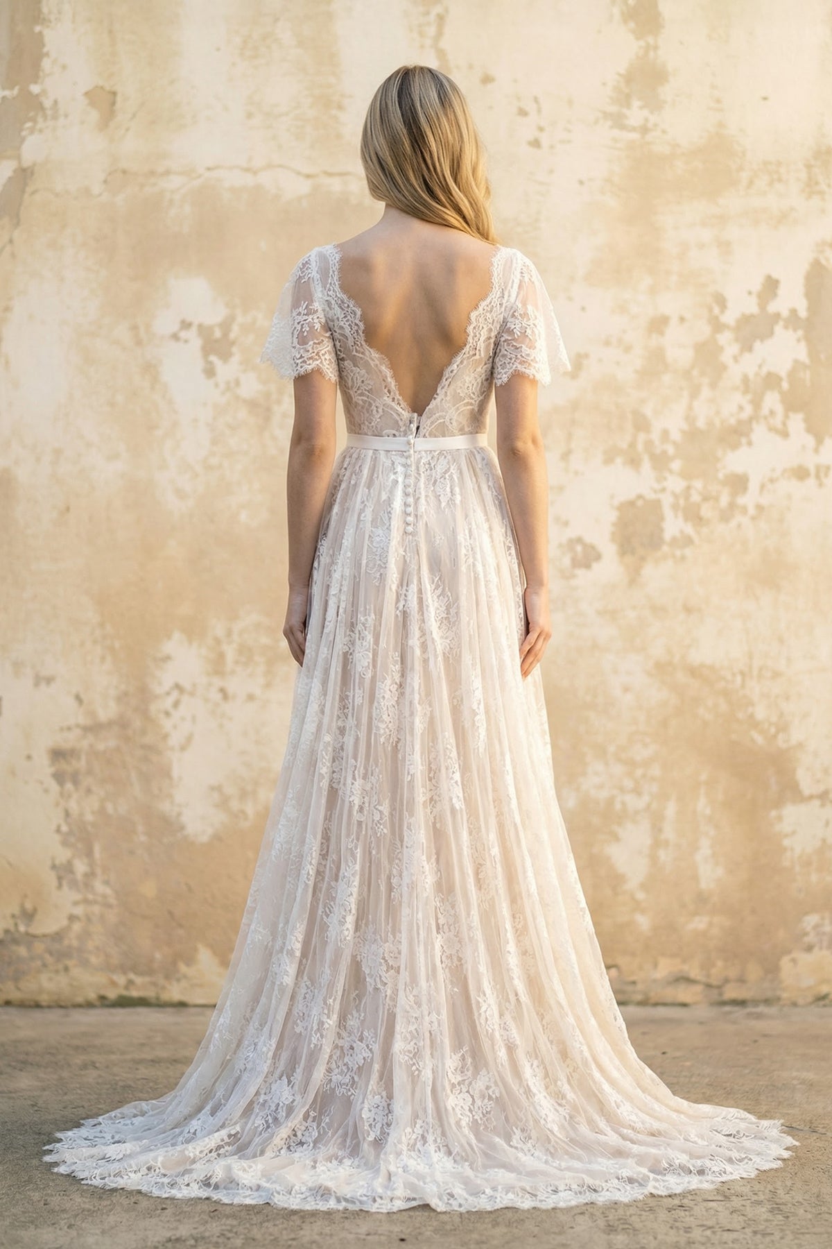 Boho V-neck Beach A-line Country Elegant Lace Petals Illusion Bell Wedding Dress with Train - Curvevia