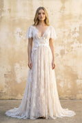 Boho V-neck Beach A-line Country Elegant Lace Petals Illusion Bell Wedding Dress with Train - Curvevia