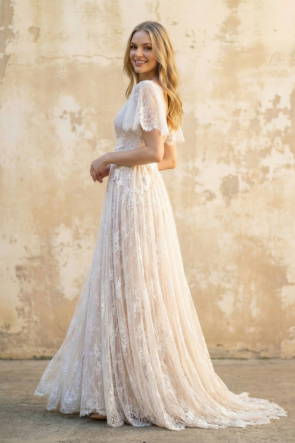 Boho V-neck Beach A-line Country Elegant Lace Petals Illusion Bell Wedding Dress with Train - Curvevia