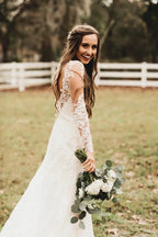 Lace Bohemian Deep-V Back Cathedral Train Wedding Dress - Curvevia