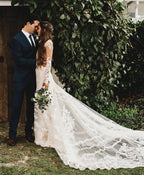 Lace Bohemian Deep-V Back Cathedral Train Wedding Dress - Curvevia