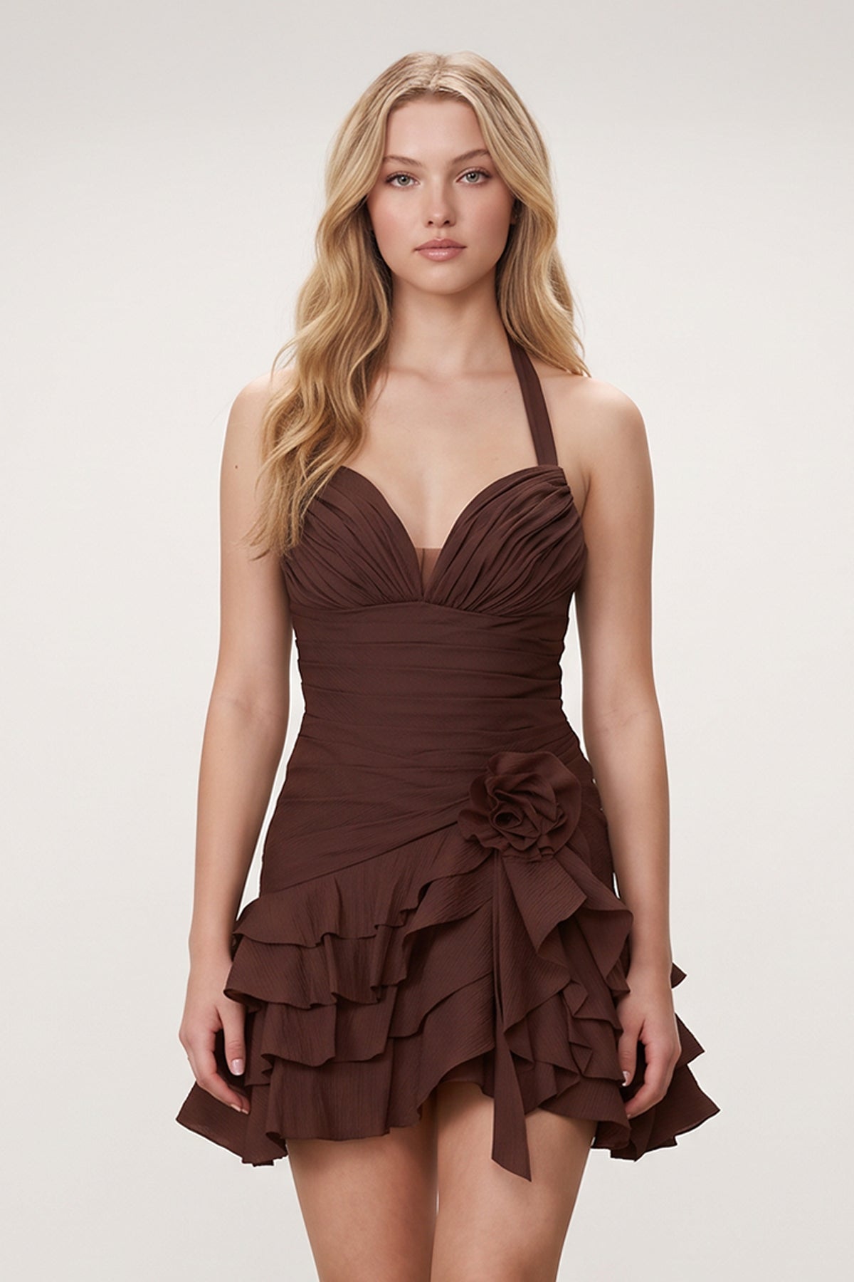 Brown Organza Halter A-Line Pleated Ruffled Wedding Guest Dress - Curvevia