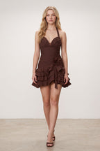 Brown Organza Halter A-Line Pleated Ruffled Wedding Guest Dress - Curvevia