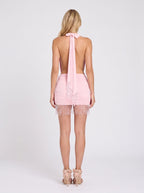 Blushing Pink Slinky Jersey Sheath Halter neckline Backless Mini Dress - Curvevia