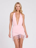 Blushing Pink Slinky Jersey Sheath Halter neckline Backless Mini Dress - Curvevia