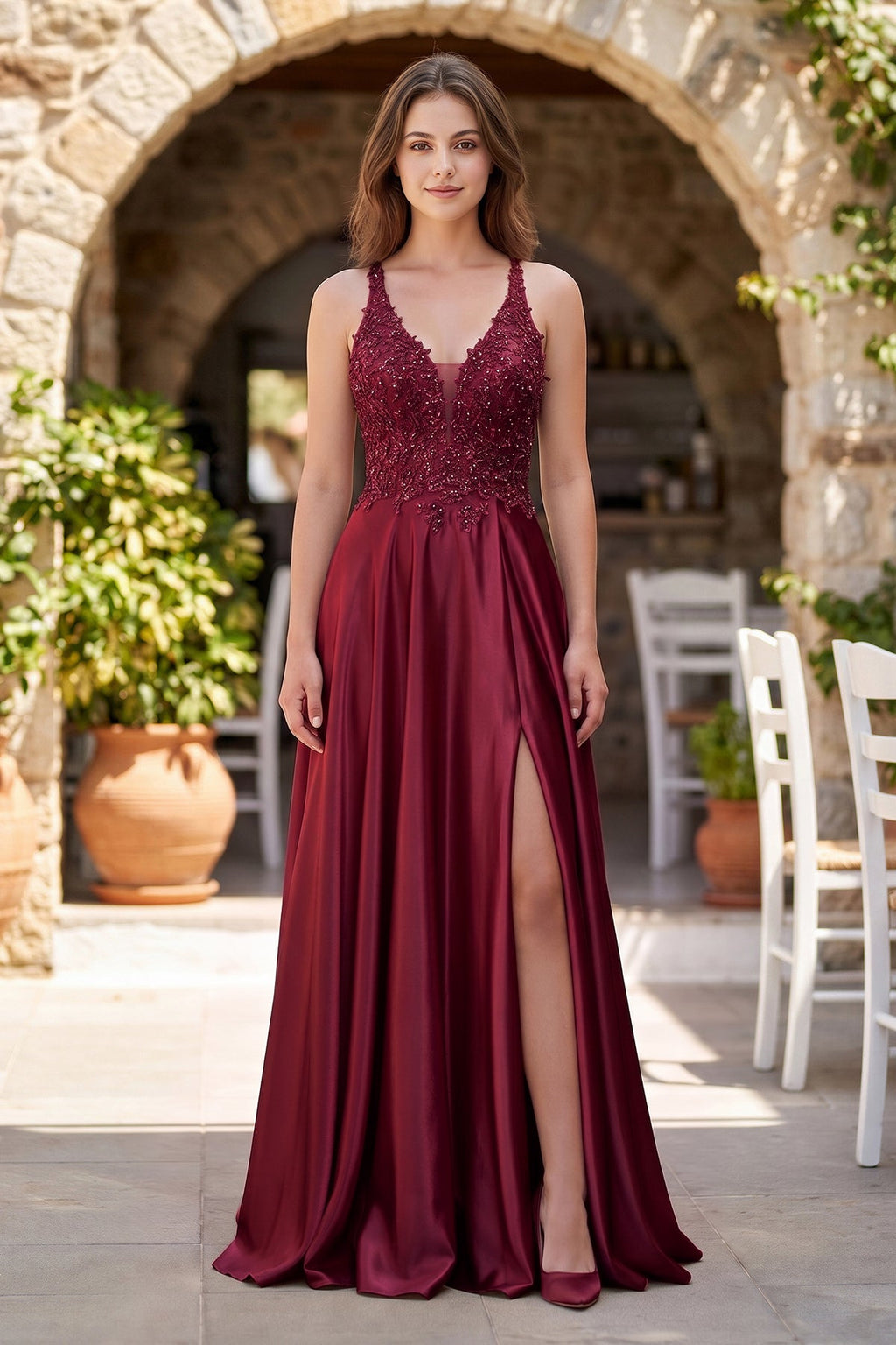 A-Line V-Neck Satin Mother of the Bride Dress with Slit - Curvevia