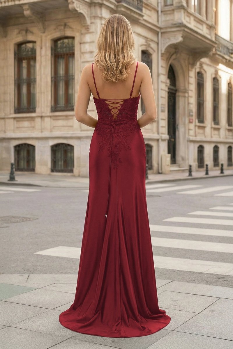 Sheath Spaghetti Straps Black Satin Long Prom Dresses with Lace Appliques - Curvevia