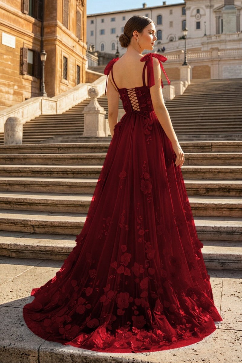 Scarlet Tulle A-line 3D Flower Long Evening Dress With Slit - Curvevia