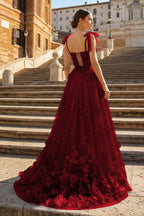 Scarlet Tulle A-line 3D Flower Long Evening Dress With Slit - Curvevia