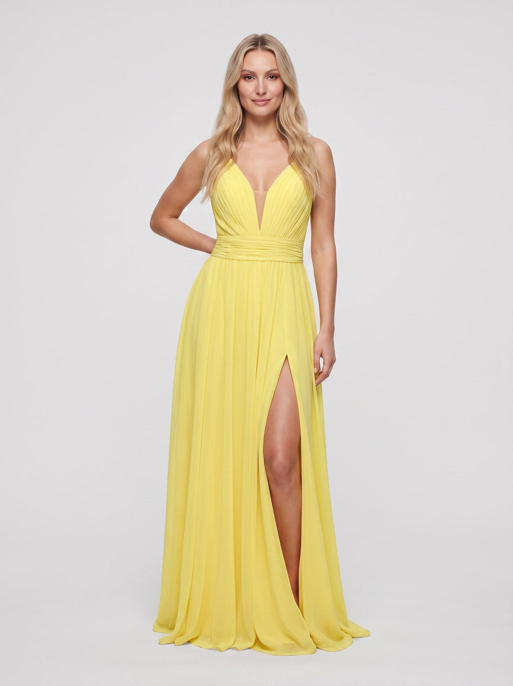 Lemon Chiffon A-Line V-Neck Back Zip Floor-Length Dress with Ruched Waist and High Slit - Curvevia