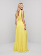 Lemon Chiffon A-Line V-Neck Back Zip Floor-Length Dress with Ruched Waist and High Slit - Curvevia