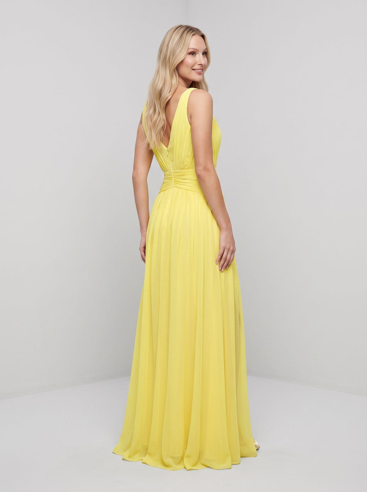 Lemon Chiffon A-Line V-Neck Back Zip Floor-Length Dress with Ruched Waist and High Slit - Curvevia