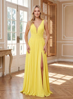 Lemon Chiffon A-Line V-Neck Back Zip Floor-Length Dress with Ruched Waist and High Slit - Curvevia