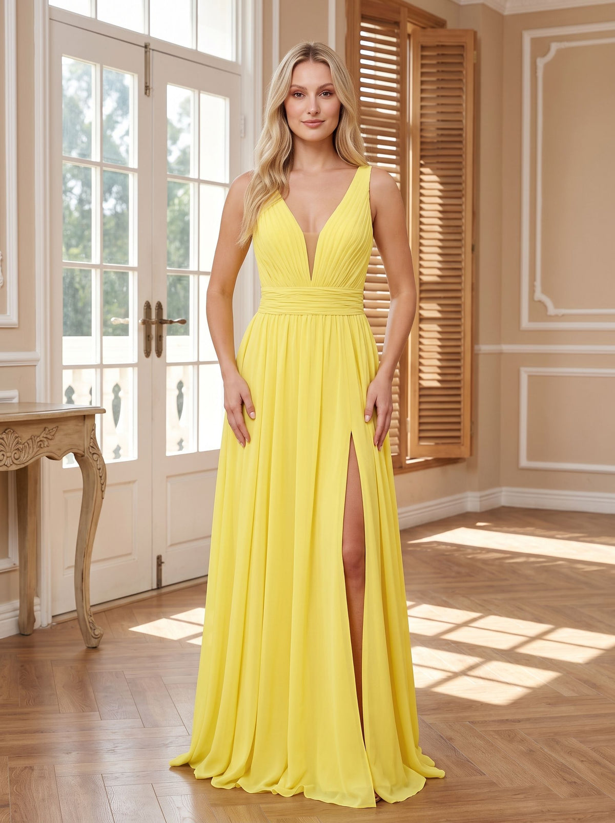 Lemon Chiffon A-Line V-Neck Back Zip Floor-Length Dress with Ruched Waist and High Slit - Curvevia
