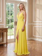 Lemon Chiffon A-Line V-Neck Back Zip Floor-Length Dress with Ruched Waist and High Slit - Curvevia