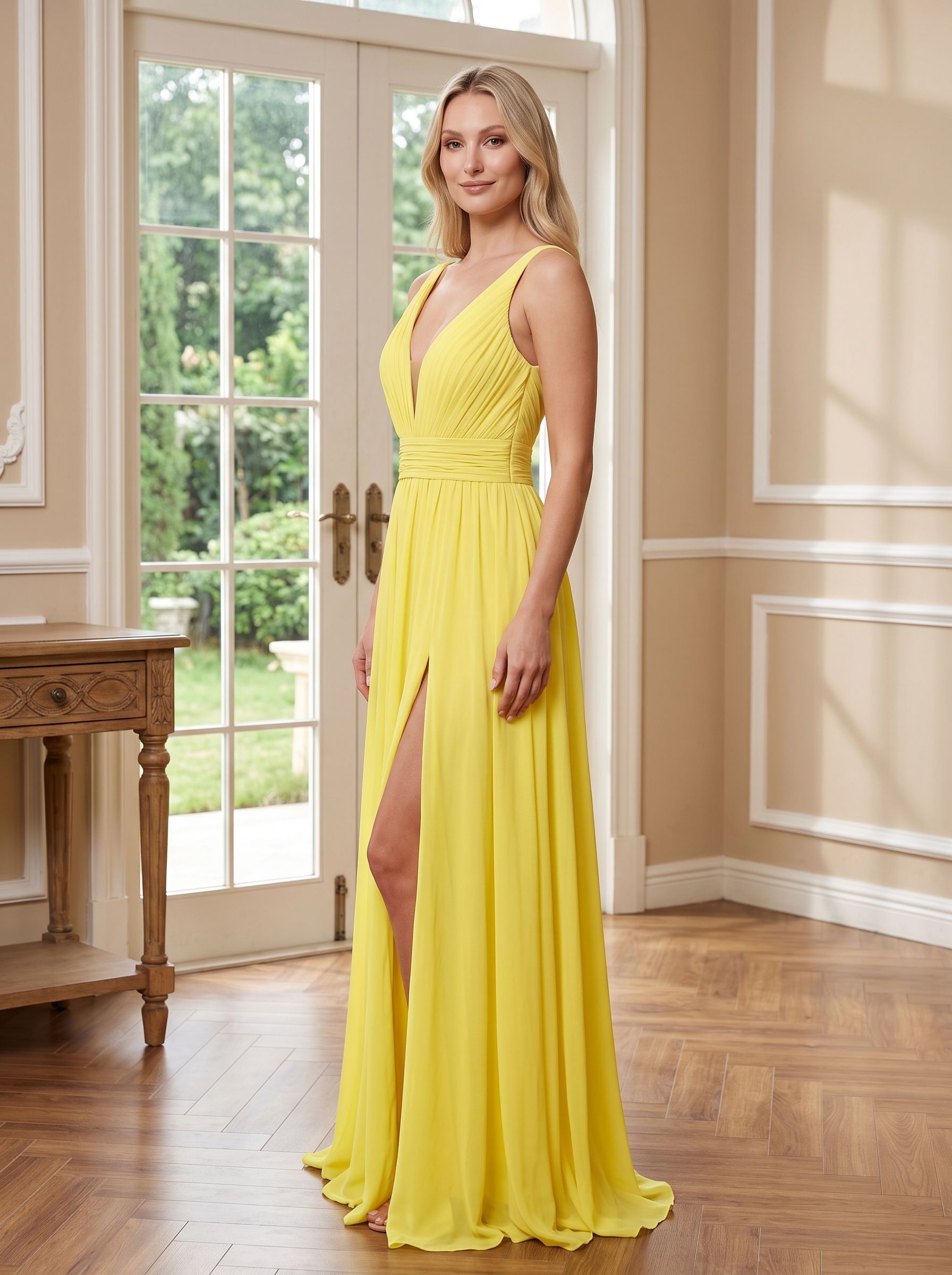 Lemon Chiffon A-Line V-Neck Back Zip Floor-Length Dress with Ruched Waist and High Slit - Curvevia