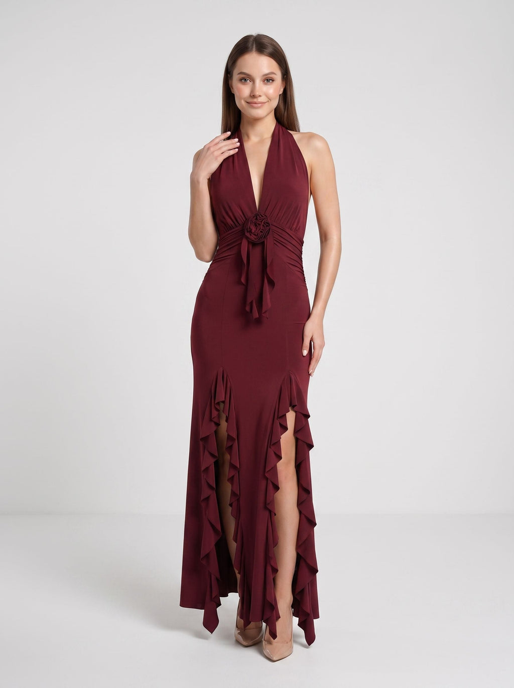 Burgundy Stretch Knit Sheath Halter neckline Backless Floor-Length Dress with 3D Rosette & Split - Curvevia
