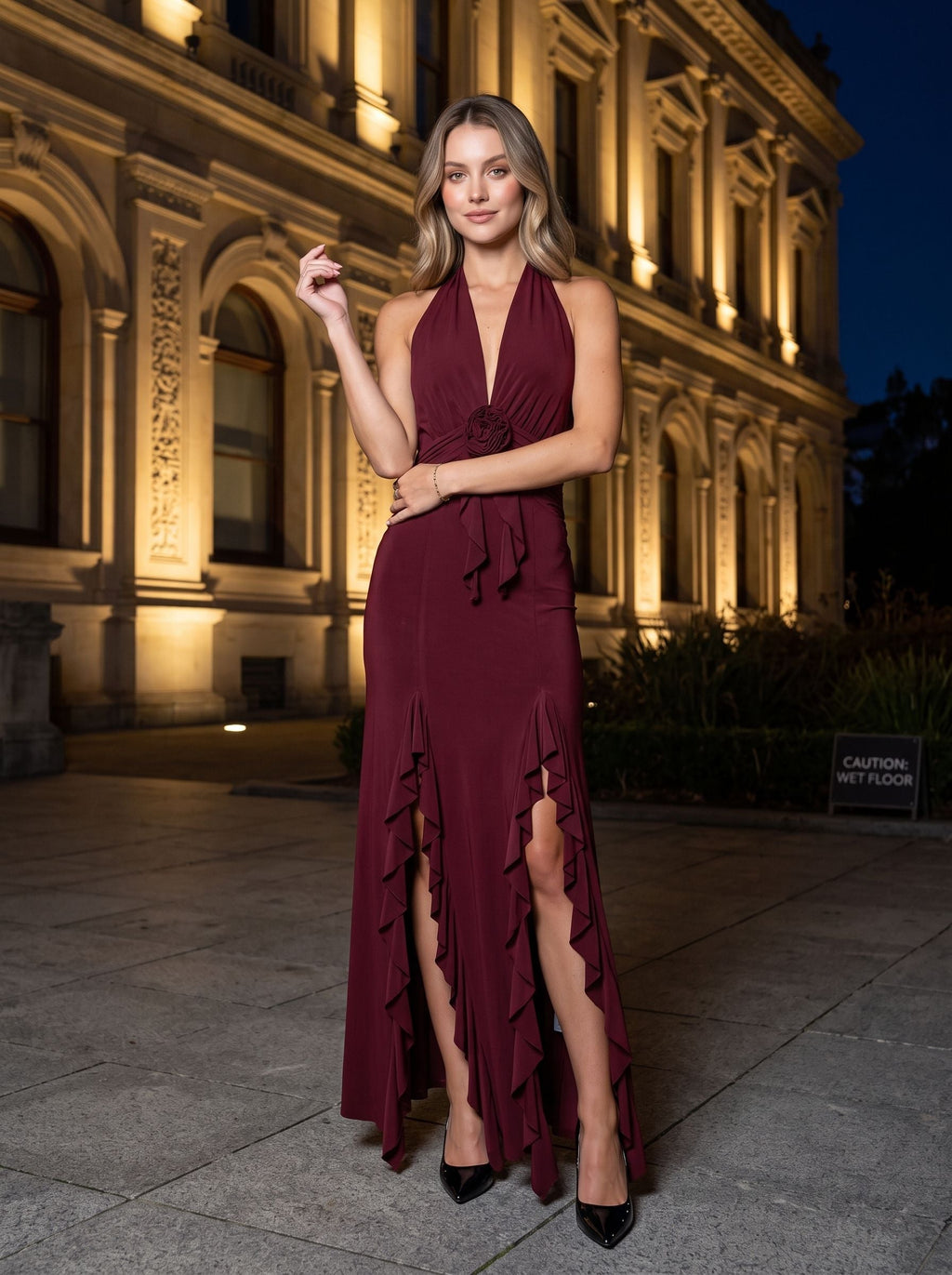Burgundy Stretch Knit Sheath Halter neckline Backless Floor-Length Dress with 3D Rosette & Split - Curvevia