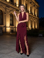 Burgundy Stretch Knit Sheath Halter neckline Backless Floor-Length Dress with 3D Rosette & Split - Curvevia