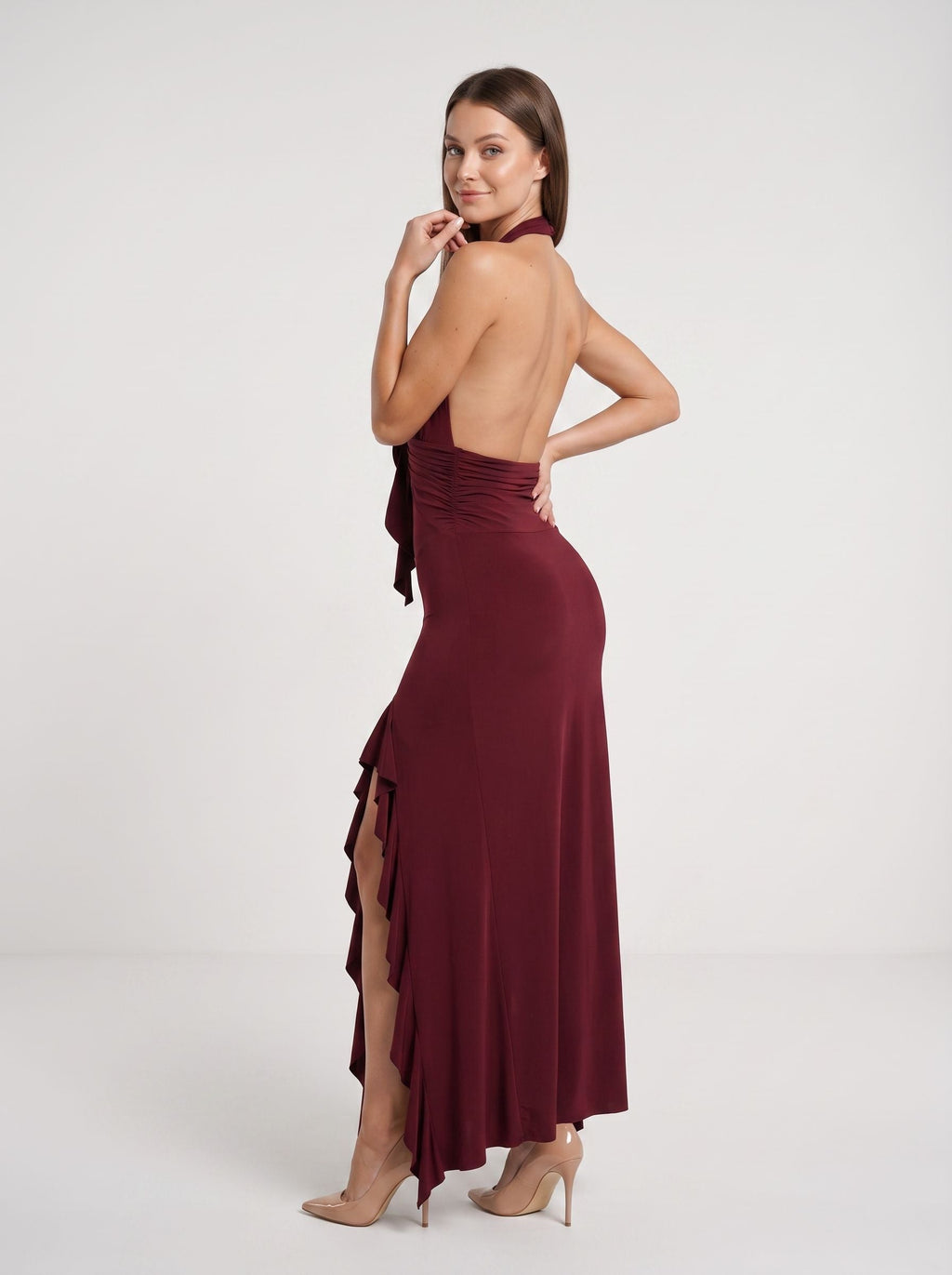 Burgundy Stretch Knit Sheath Halter neckline Backless Floor-Length Dress with 3D Rosette & Split - Curvevia