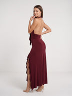 Burgundy Stretch Knit Sheath Halter neckline Backless Floor-Length Dress with 3D Rosette & Split - Curvevia