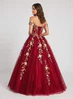 Burgundy Glitter Tulle & Lace A-Line Off-the-Shoulder Floor-Length Dress - Curvevia