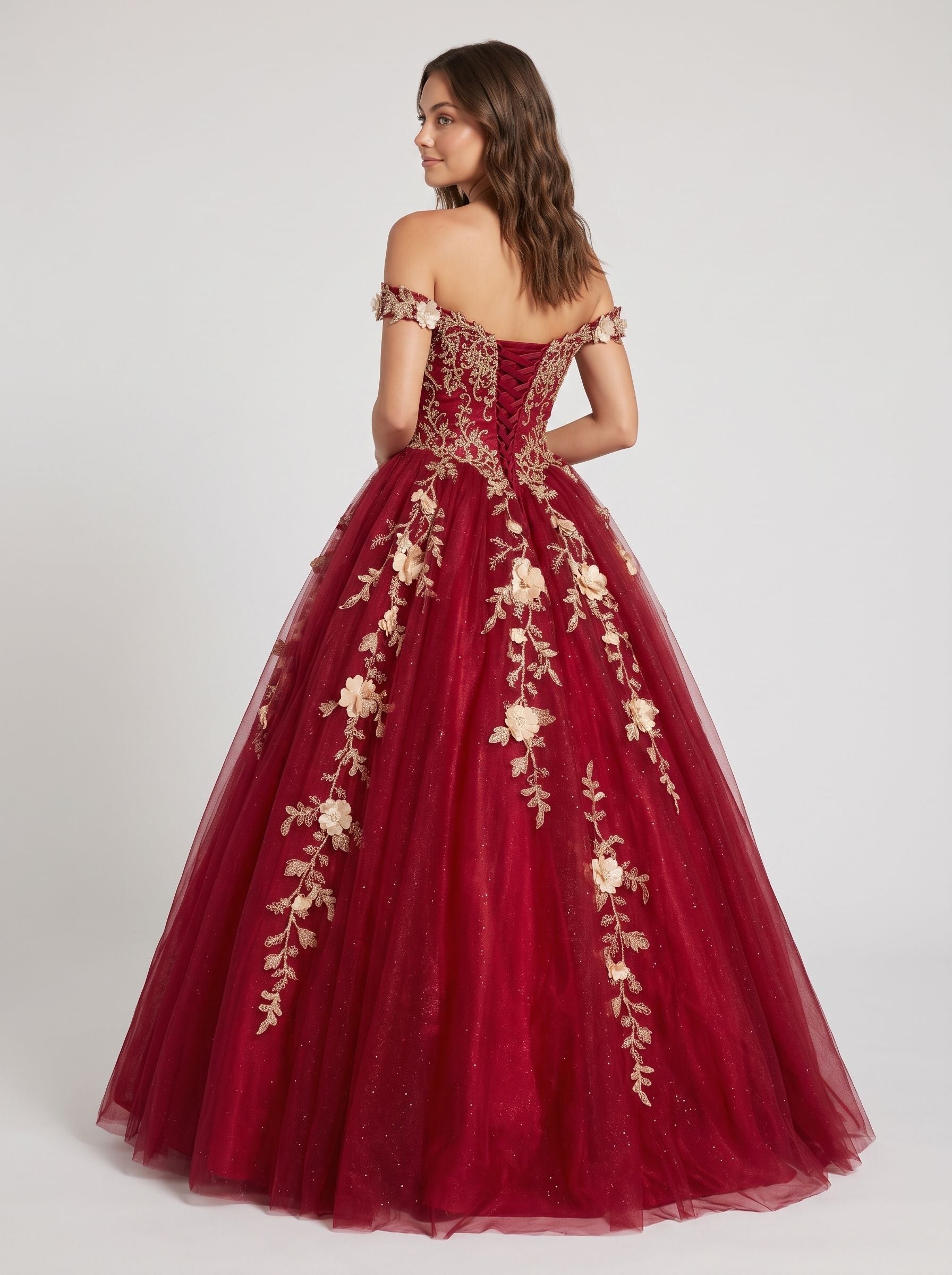 Burgundy Glitter Tulle & Lace A-Line Off-the-Shoulder Floor-Length Dress - Curvevia