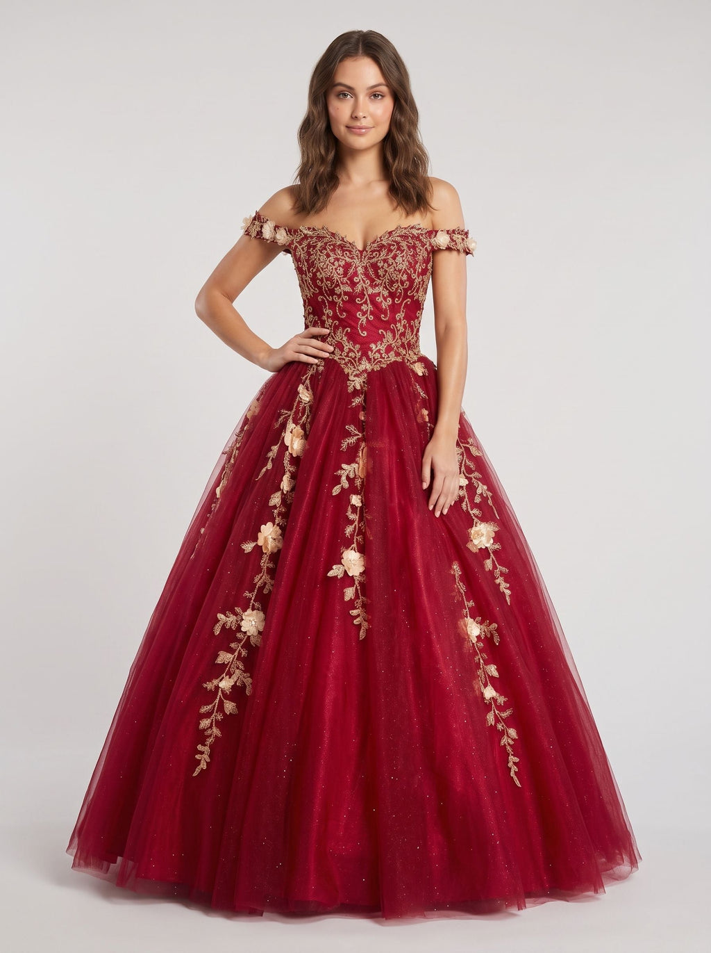 Burgundy Glitter Tulle & Lace A-Line Off-the-Shoulder Floor-Length Dress - Curvevia