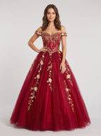 Burgundy Glitter Tulle & Lace A-Line Off-the-Shoulder Floor-Length Dress - Curvevia