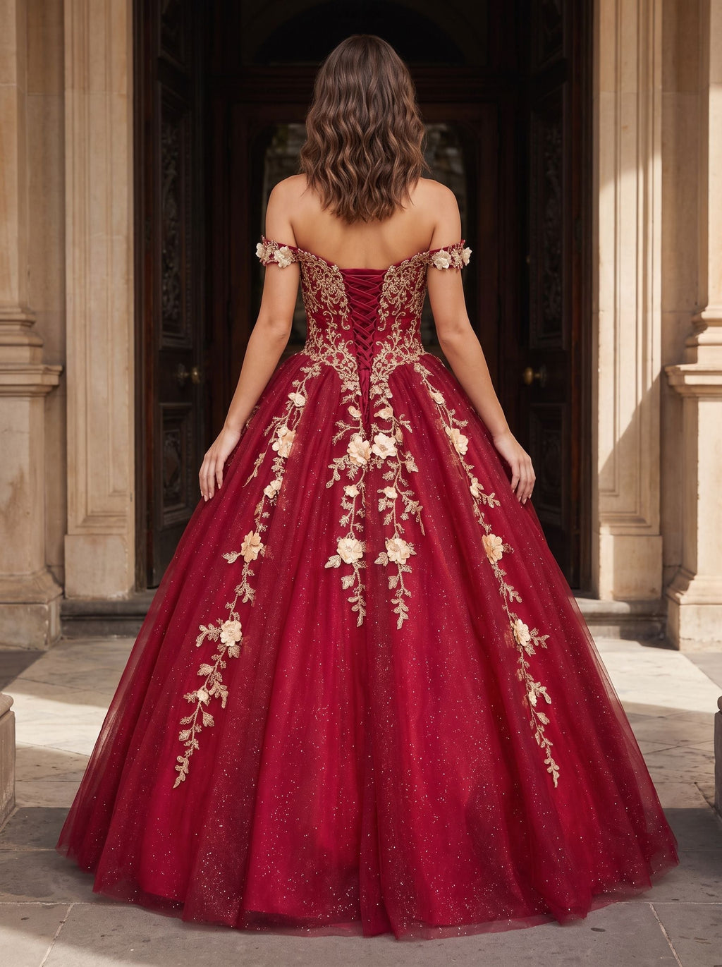 Burgundy Glitter Tulle & Lace A-Line Off-the-Shoulder Floor-Length Dress - Curvevia