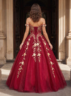 Burgundy Glitter Tulle & Lace A-Line Off-the-Shoulder Floor-Length Dress - Curvevia